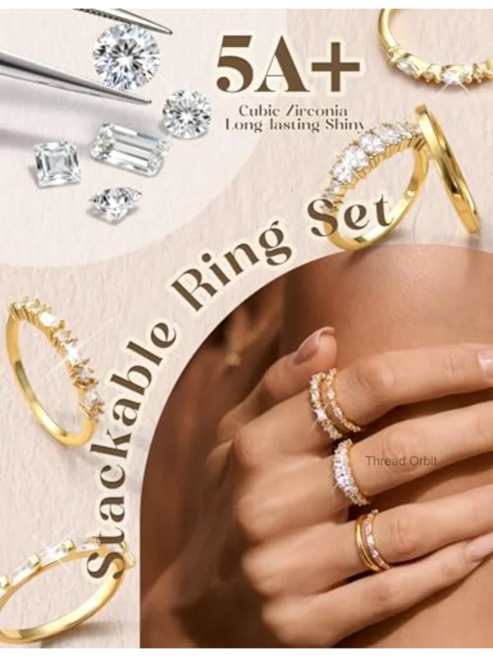 14K Gold Plated Stackable Ring Set CZ Band 5PCS Dainty Thin Pinky Knuckle